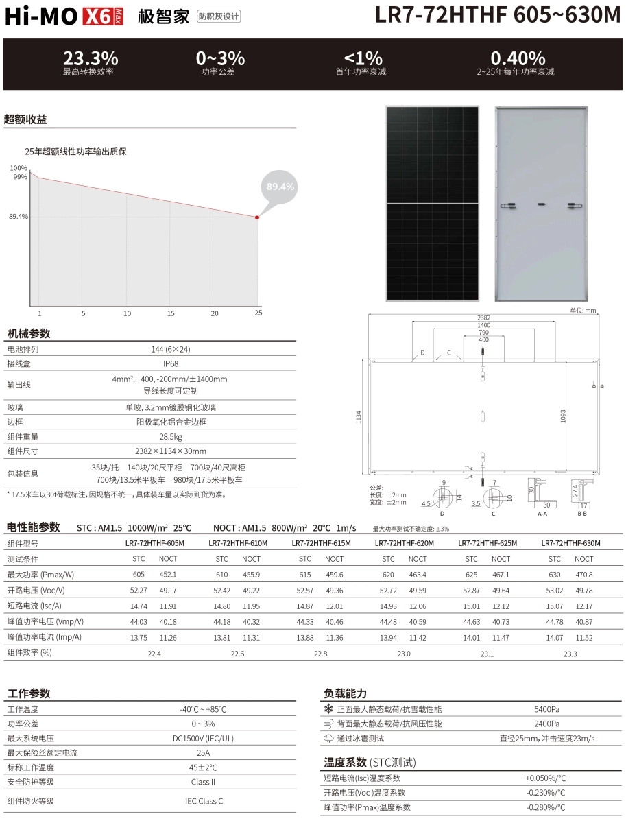隆基光伏组件 Hi-MO X6 Max 防积灰 605~630W