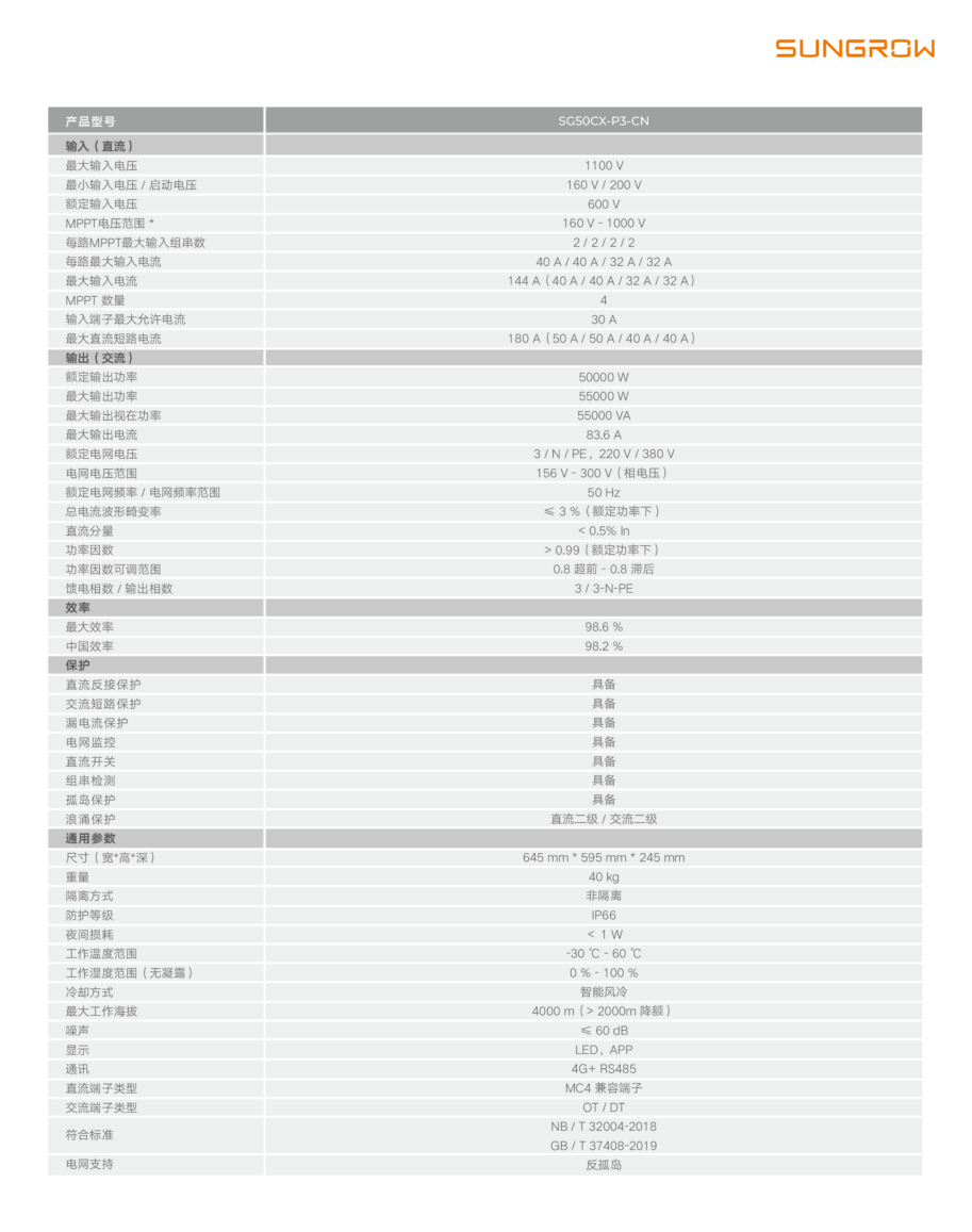阳光电源50kW组串光伏逆变器 SG50CX-P3-CN